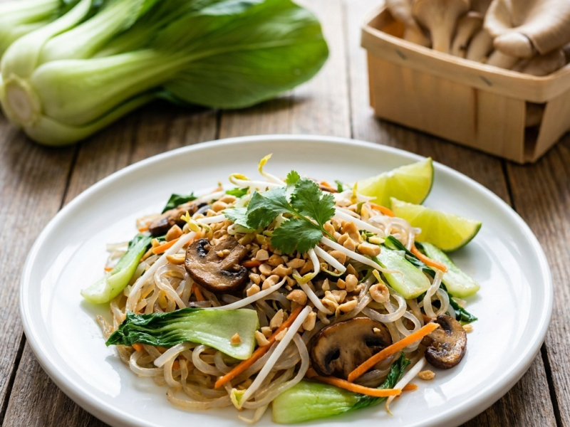Raw pad thai with sea spaghetti and button mushrooms