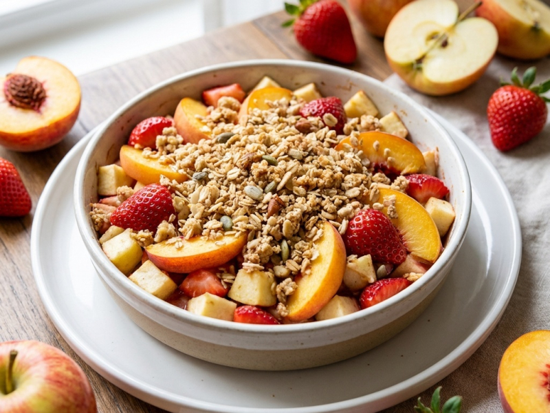 Crumble de pommes, fraises et pêches