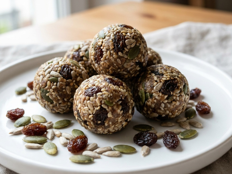 Boules de graines de courge, tournesol et raisins secs