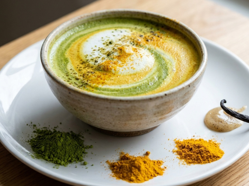 Latte au matcha, curcuma et crème de coco