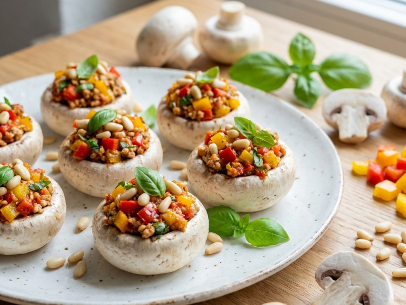 Champignons farcis crus aux pignons et au basilic