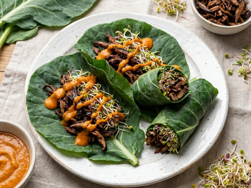 Wraps de chou vert aux champignons effilochés, sauce barbecue à la papaye