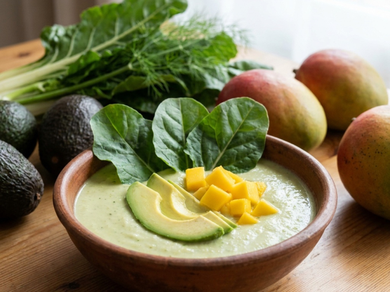 Soupe crue d'avocat au fenouil et à la mangue