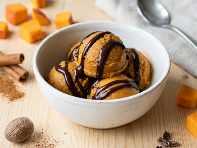 Glace crue au potiron et sauce chocolat express