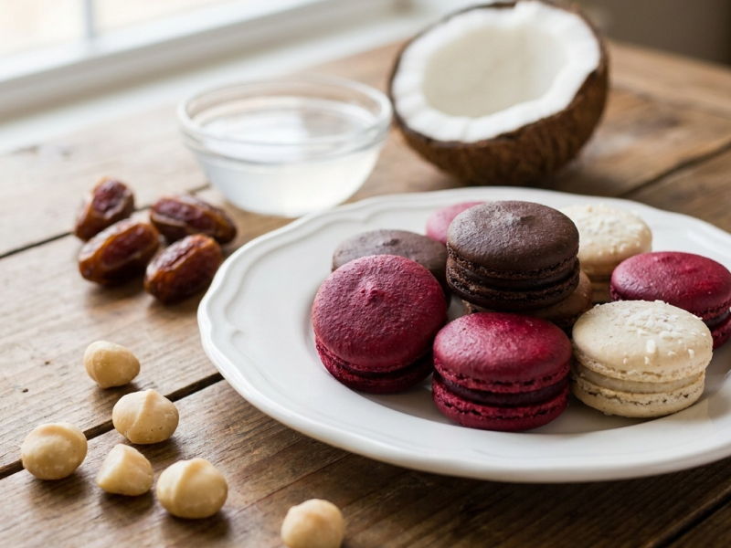 Macarons crus aux trois crèmes de coco : betterave, cacao et nature