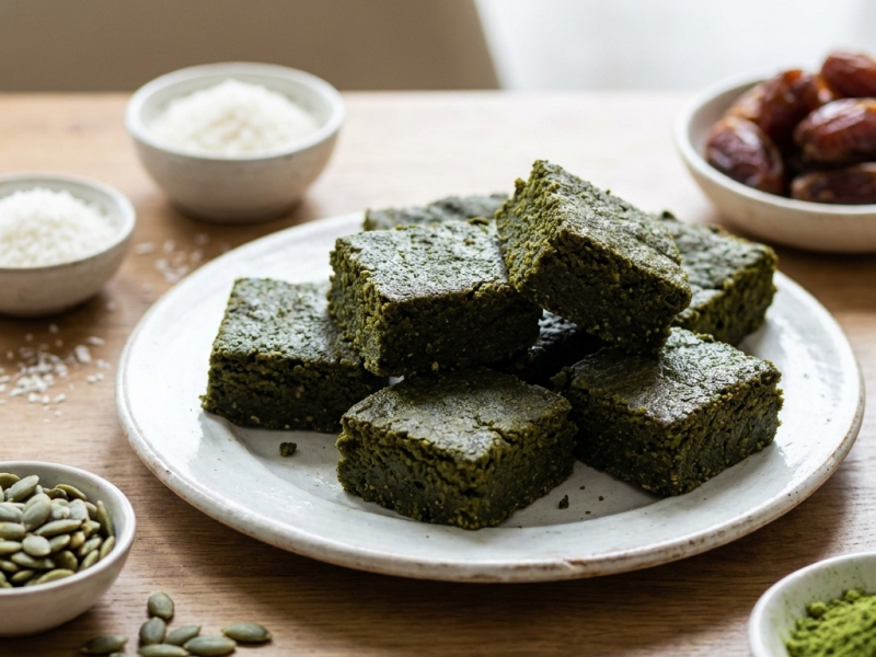 Brownies crus au cacao et glaçage matcha, sans fruits à coque