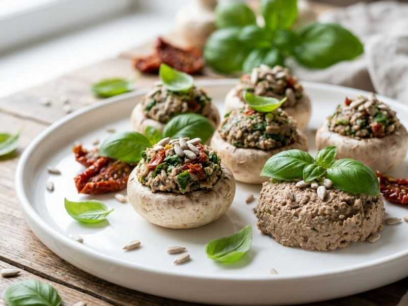 Champignons crus farcis au pâté de tournesol, basilic et tomates séchées