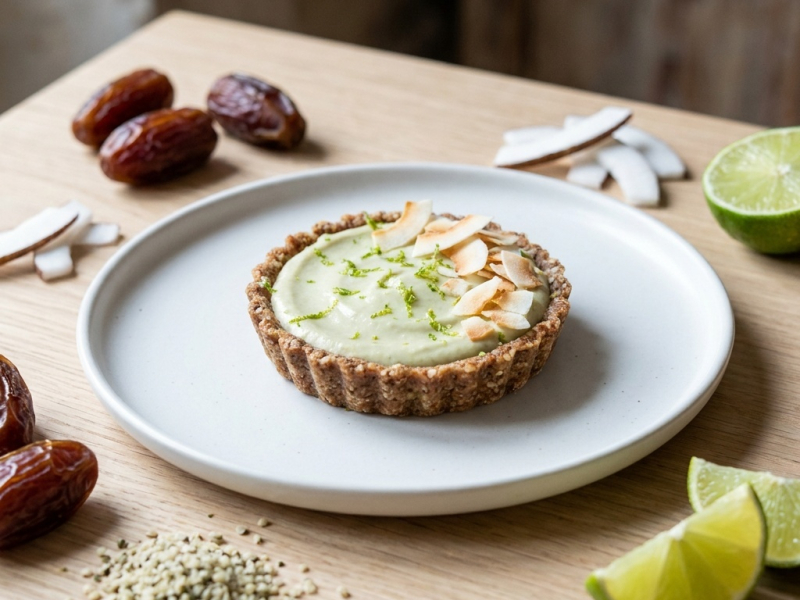 Tartelette crue coco-citron vert sur fond de tarte au chanvre