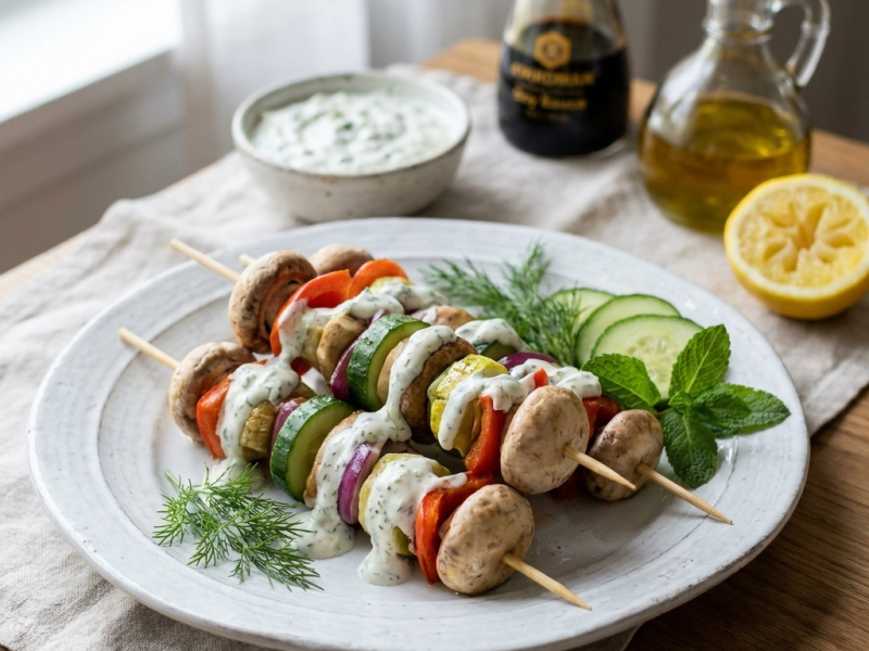 Souvlaki cru et vegan, sauce tzatziki à l'avocat