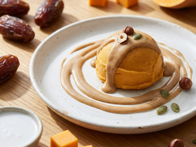 Sorbet crémeux au potiron épicé, sauce soyeuse à la noisette
