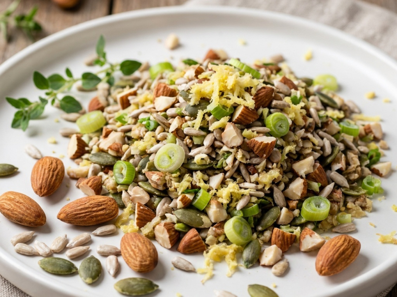Amandes et graines croquantes au gingembre et à l'oignon nouveau