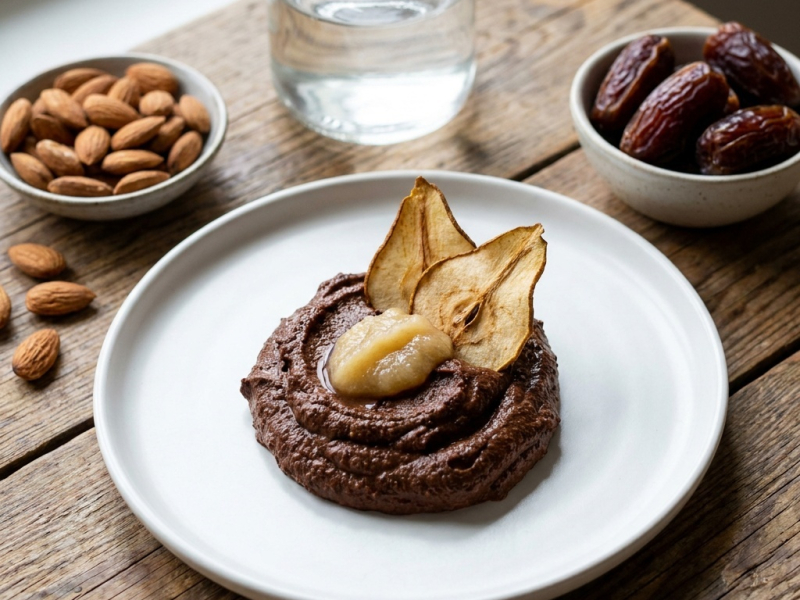 Mousse crue au chocolat épicée, purée et chips de poire