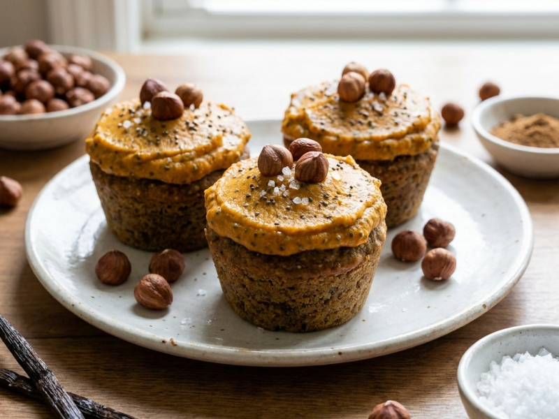Cupcakes crus à la noisette, glaçage chia-citrouille