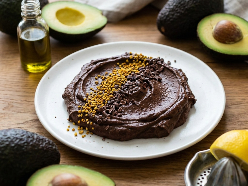 Cacaomole cru : avocat, éclats de cacao et pollen