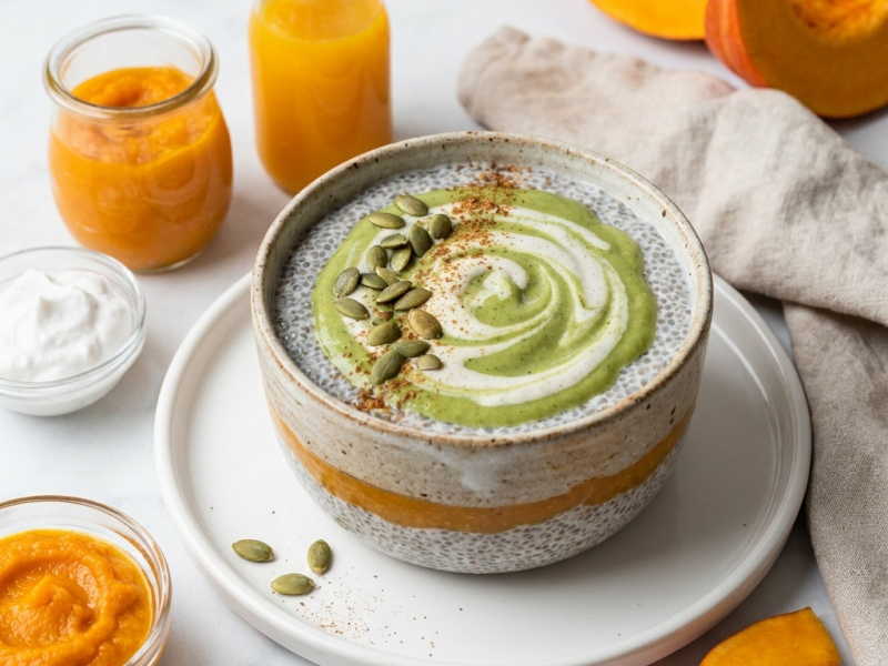 Pudding de chia à la citrouille épicée, crème matcha-vanille