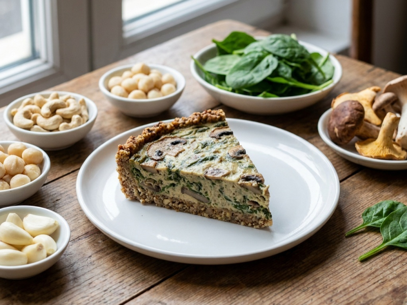 Quiche crue épinards et champignons sauvages