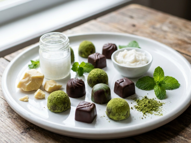 Mignardises chocolat cru menthe et matcha