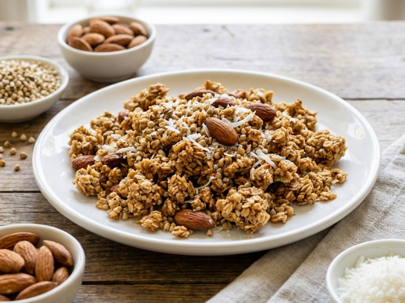 Granola croquant coco-vanille, amandes et sarrasin
