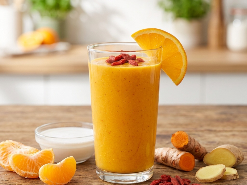 Smoothie orange, curcuma, gingembre et baies de goji