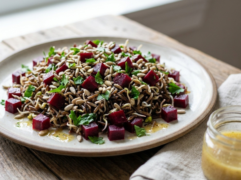 Salade de riz sauvage germé et betteraves, vinaigrette au gingembre