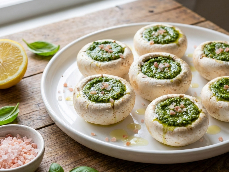 Champignons farcis au pesto de basilic et roquette