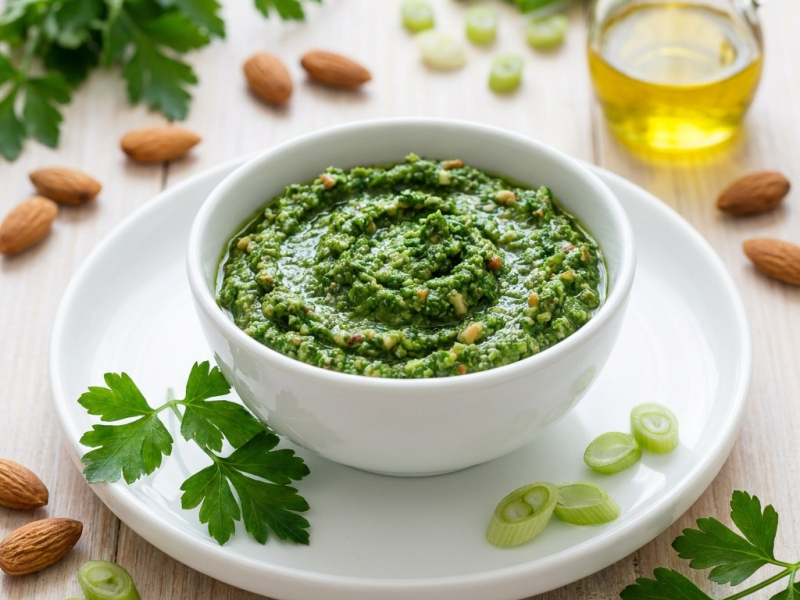 Pesto cru au persil, amande et oignon vert