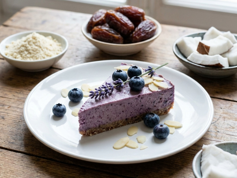 Gâteau cru myrtille, amande et lavande
