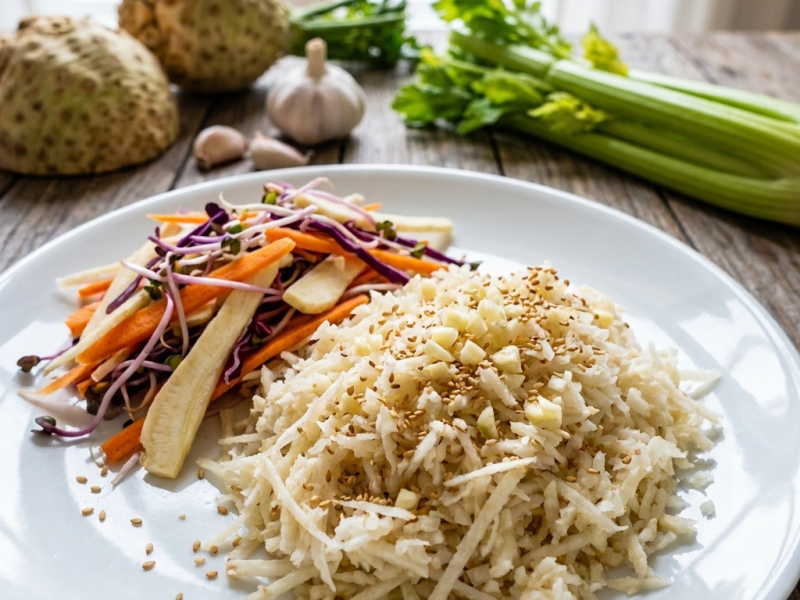 Sauté cru de légumes au sésame et riz de céleri-rave à l'ail