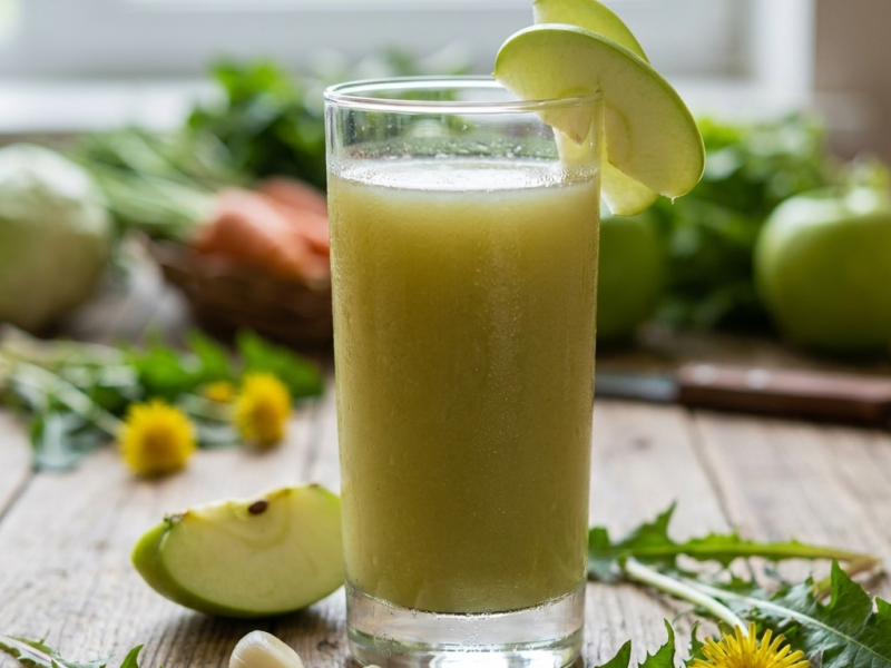 Jus de pissenlit, pomme et gingembre