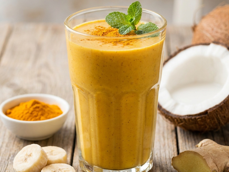 Smoothie doré au curcuma, gingembre et lait de coco