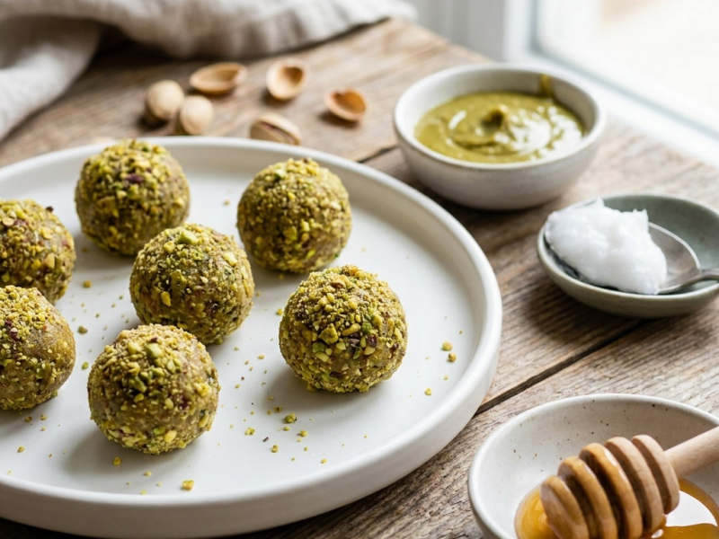Bouchées crues pistache, miel et cardamome