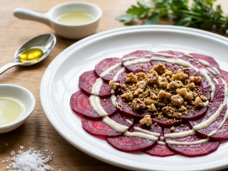 Carpaccio de betteraves, crumble de noix au cumin et sauce tahini-citron