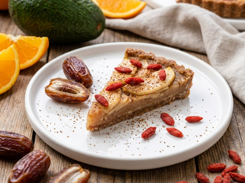 Tarte crue aux pommes, baies de goji et muscade