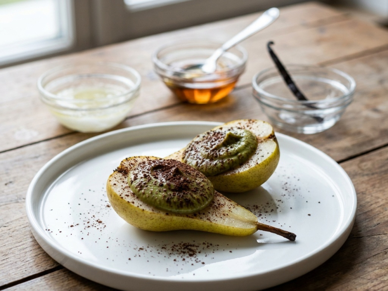 Poires, crème de pistache et ganache au cacao cru