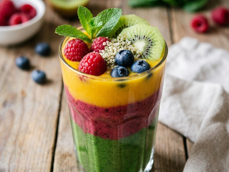 Smoothie vert tonique : banane, mangue, épinards et spiruline