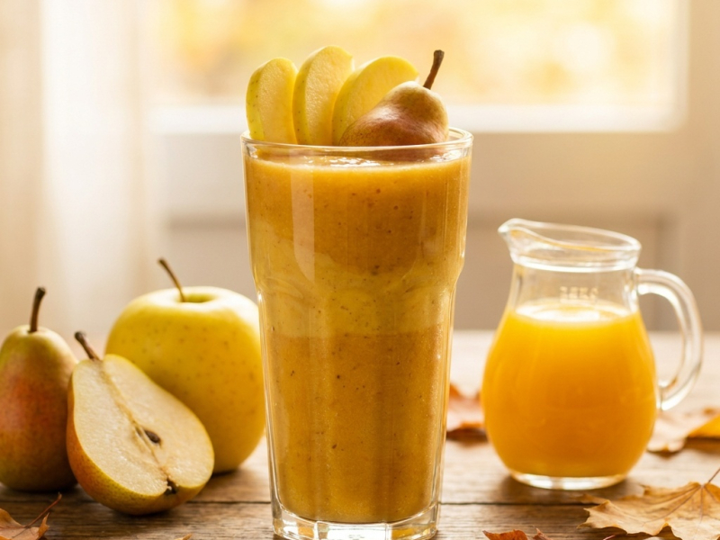 Smoothie pomme poire cannelle, lever de soleil d'automne