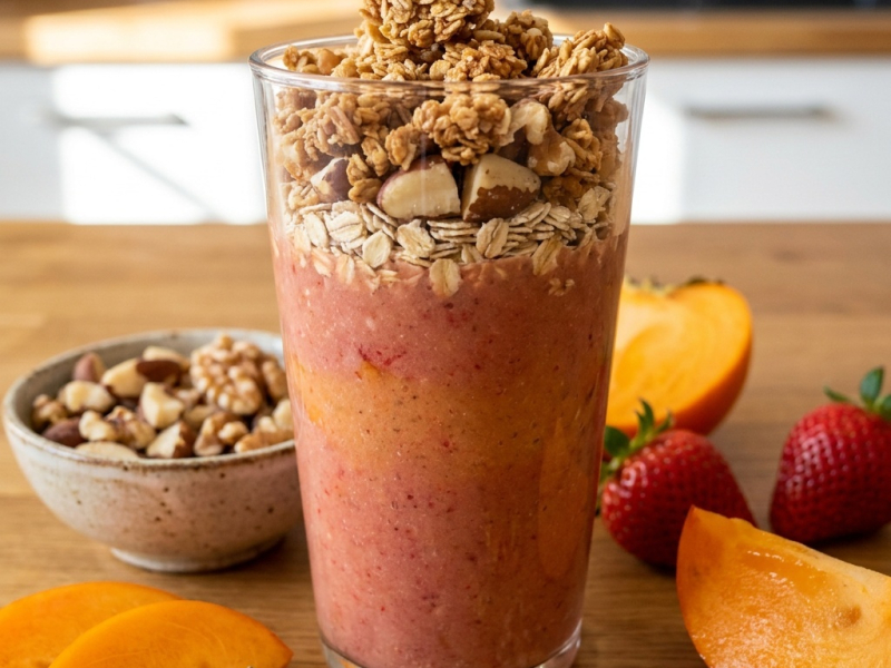 Granola cru aux épices et smoothie bowl kaki banane