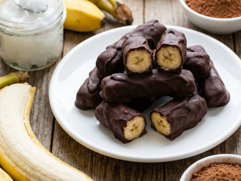 Bananes en bâtonnets enrobées de chocolat cru
