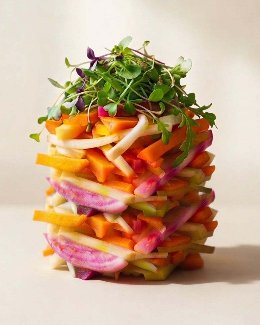 Colonne de légumes en julienne surmontée de jeunes pousses