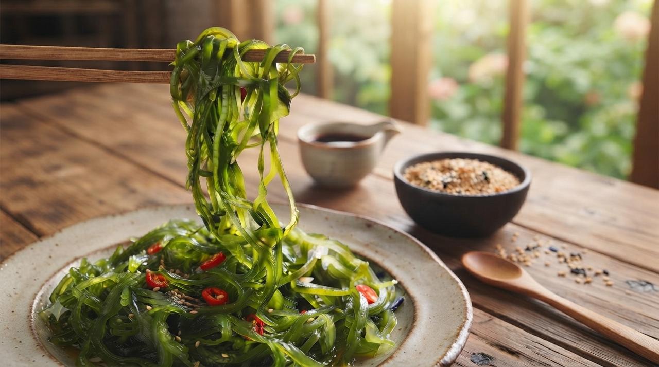 Salade d’algues wakamé au sésame et au piment, servie avec des baguettes